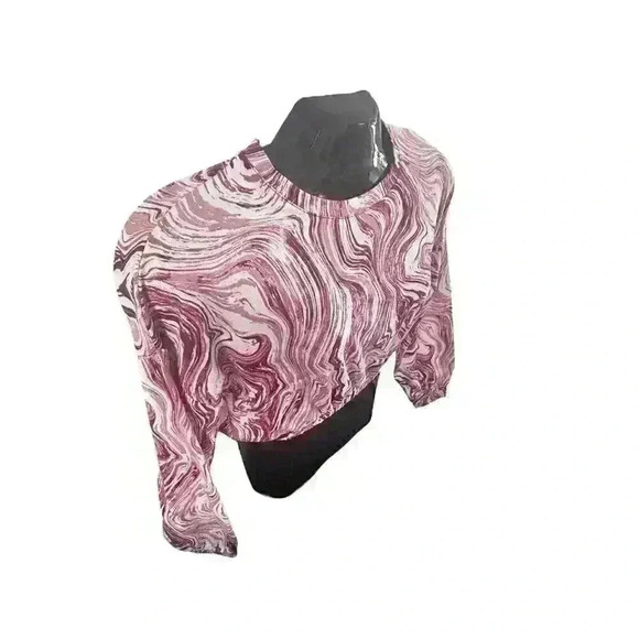 Womens Red White Marble Design Crop Top Balloon Sleeve‎ Size Medium M Midriff - Picture 5 of 13